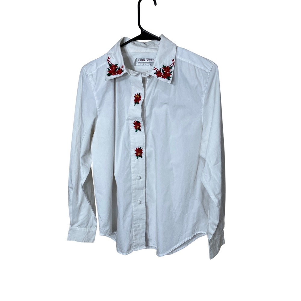 Karen Scott Petite White Button‎ Down Shirt Embroidered Poinsettias Red Green PL